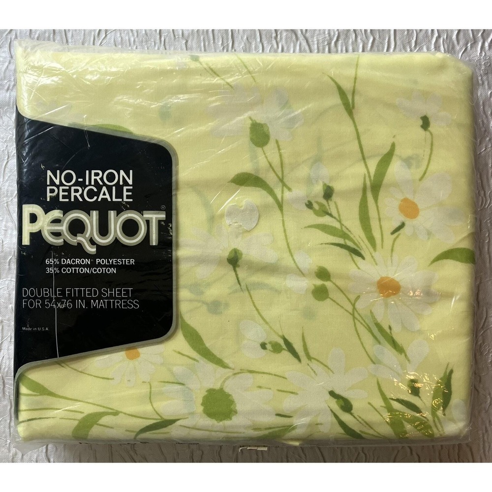 Vintage Pequot Yellow Daisy Floral Double Fitted Sheet No-Iron Percale 54x76